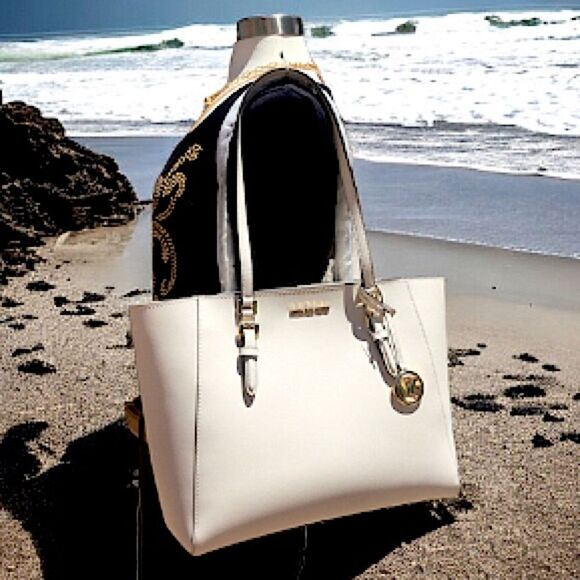 MICHAEL KORS LEATHER LT CREAM TOTE LAPTOP SHOULDER BAG WOMEN HANDBAGS - Picture 1 of 8